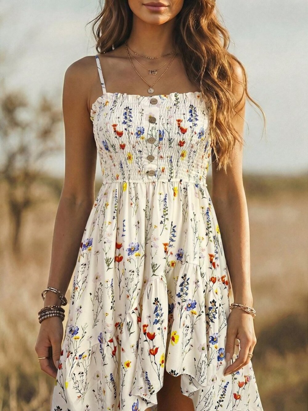 White Boho Women's Casual Floral Print Cinched Waist Midi Dress - Picture 5 of 7